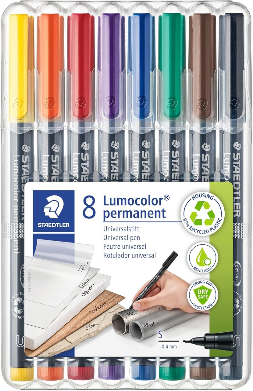 Lumocolor Universal Felt Tip Permanent Marker – 8-Pack Assorted Colors, 0.4mm Super Fine Tip, Refillable – Writes on Paper, Film, DVDs/CDs, Vellum